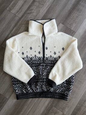 Calia Faux Fur Sherpa Jacket 1/2 Zip Cream Black Women’s Sz S Geometric Western